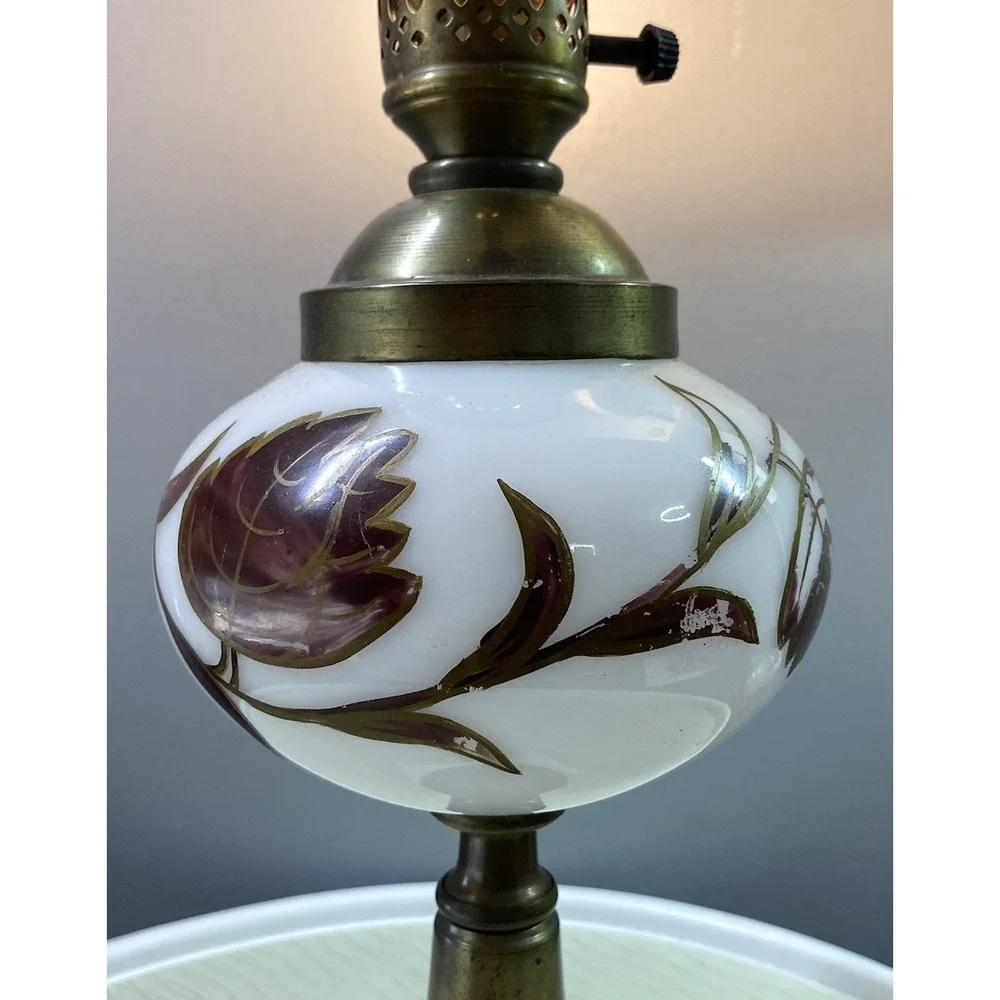 Vintage White Milk Glass&brass Desk Lamp-Hand Painted‎ Floral Marble Base 17